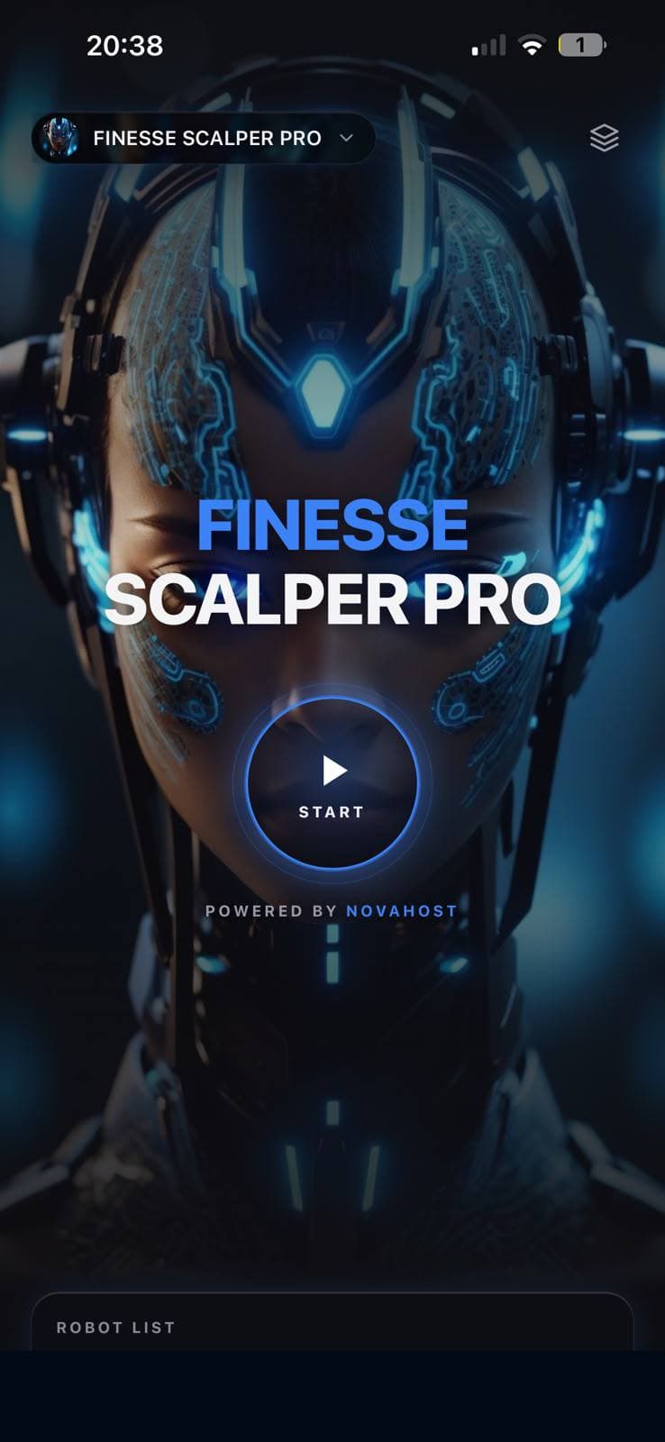 Finesse Scalper Pro in the NovaHost app with a single START button and the Robot List